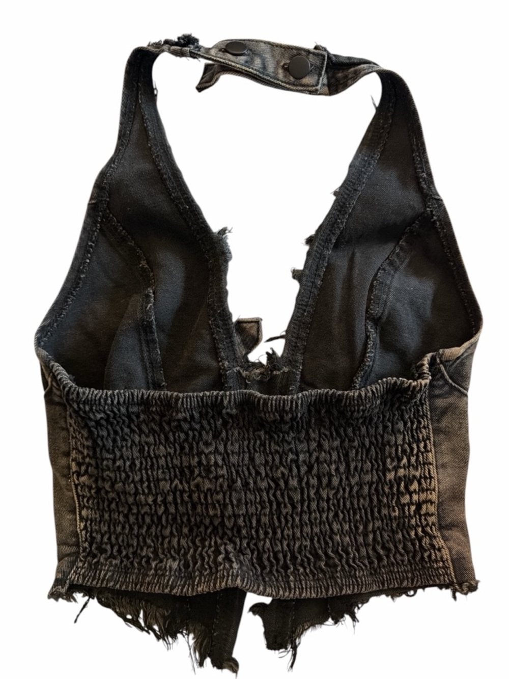 Frayed Denim Halter Top Buckle Backless Punk Hippie Jean Crop - Picture 2 of 6